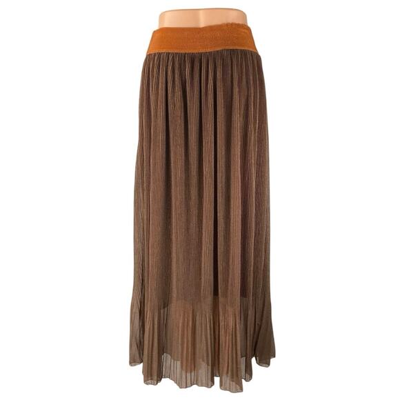 Magic Women's Brown High Waisted Pleated Buckle Sheer Maxi A-Line Skirt Size XL - Picture 3 of 5